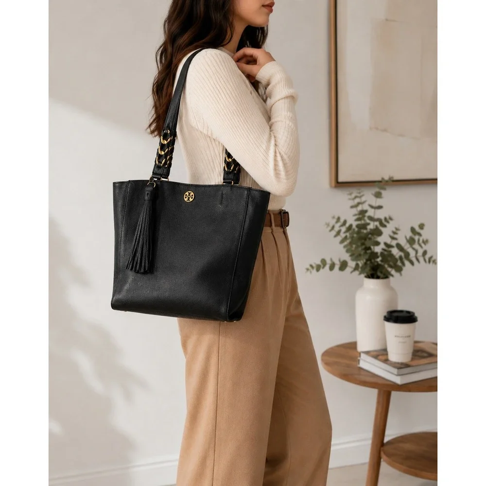 Tory Burch Brooke Black Pebbled Leather Tassel Tote Bag Gold Chain Accent Womens